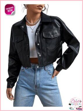 Faux Leather Cropped Moto Biker Jacket Button Down Moto Coat
